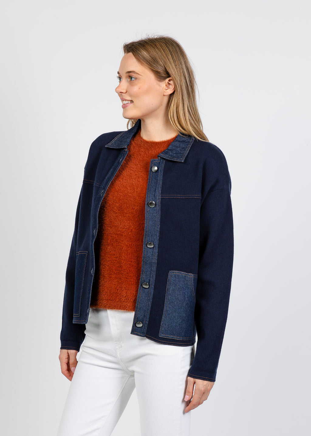 Elliott Lauren Denim Trim Jacket in Navy available at Barbara Katz