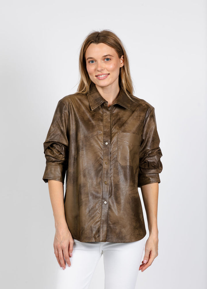 Elliott Lauren Distressed Faux Leather Shirt in Breen available at Barbara Katz