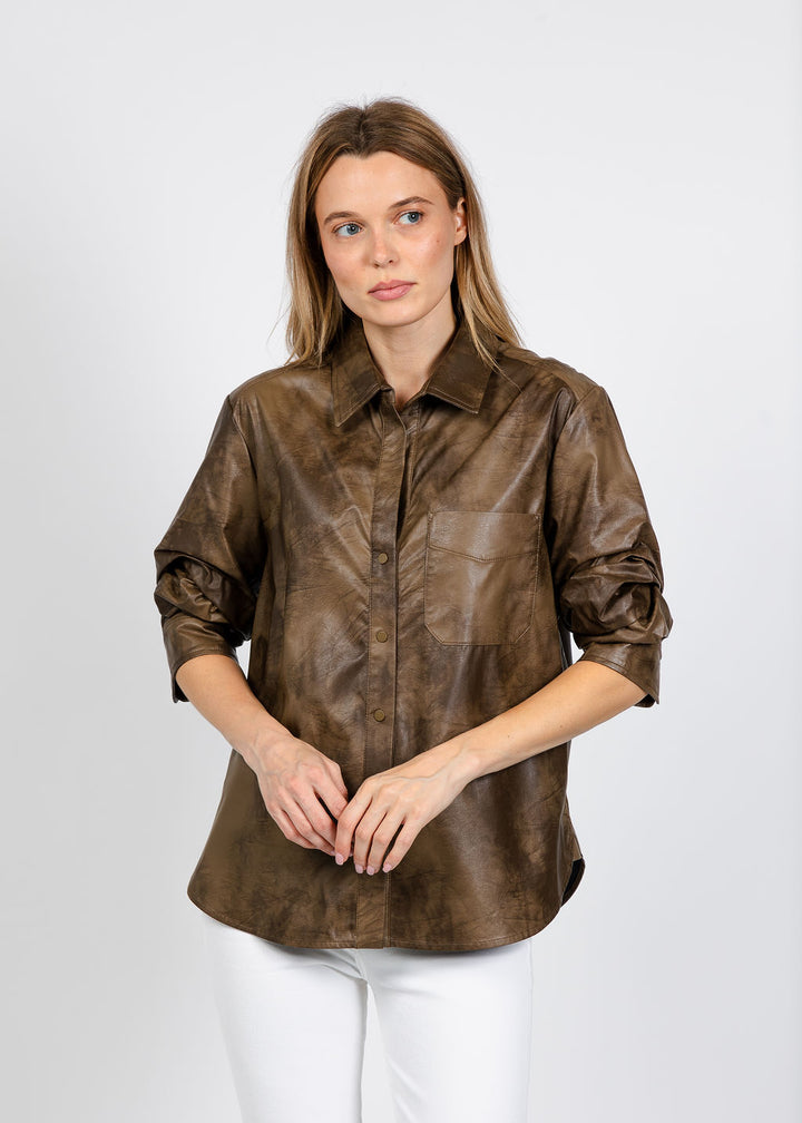 Elliott Lauren Distressed Faux Leather Shirt in Breen available at Barbara Katz