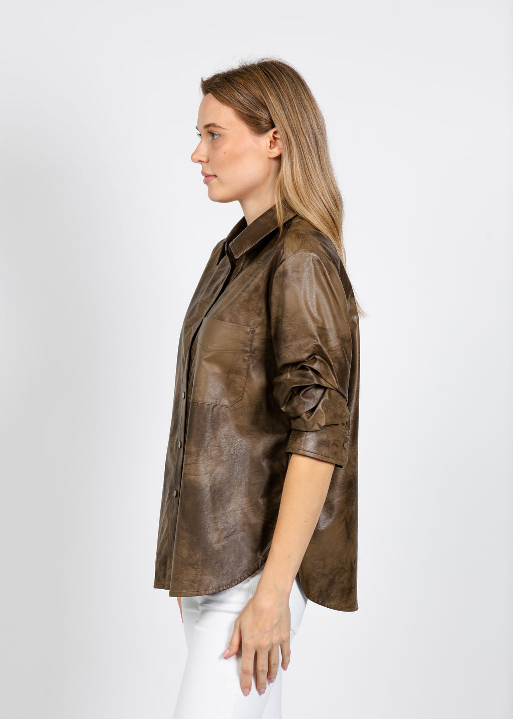 Elliott Lauren Distressed Faux Leather Shirt in Breen available at Barbara Katz