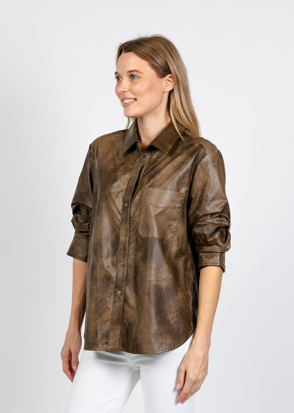 Elliott Lauren Distressed Faux Leather Shirt in Breen available at Barbara Katz