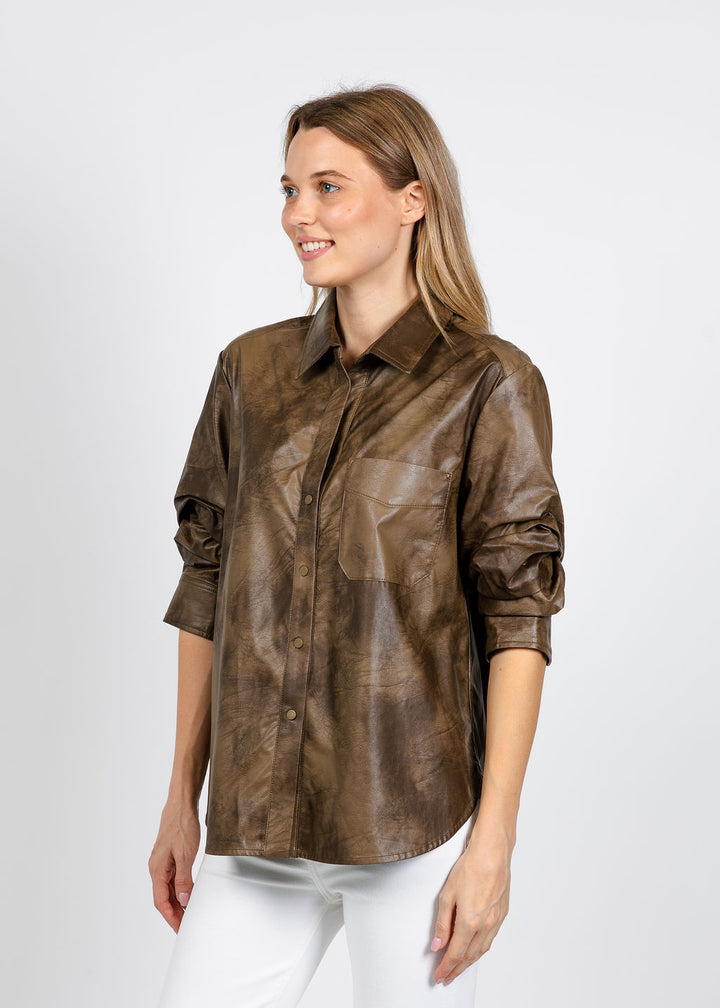 Elliott Lauren Distressed Faux Leather Shirt in Breen available at Barbara Katz