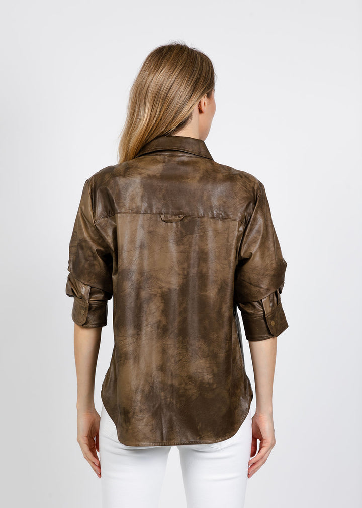 Elliott Lauren Distressed Faux Leather Shirt in Breen available at Barbara Katz