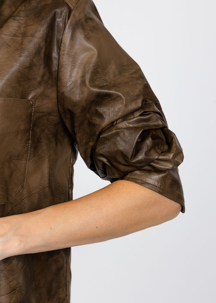 Elliott Lauren Distressed Faux Leather Shirt in Breen available at Barbara Katz