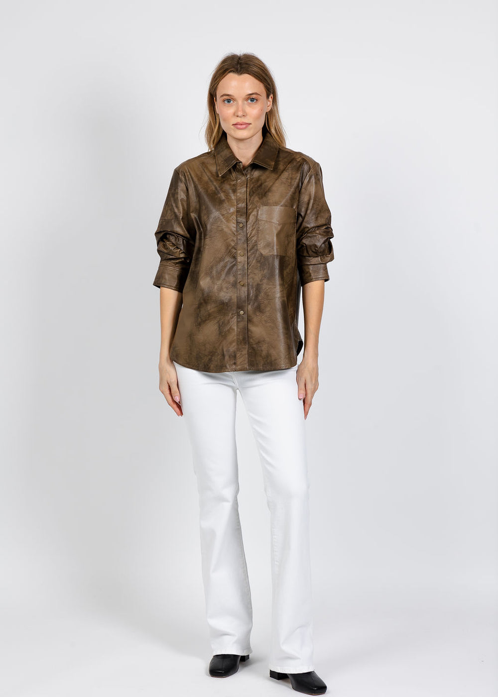 Elliott Lauren Distressed Faux Leather Shirt in Breen available at Barbara Katz