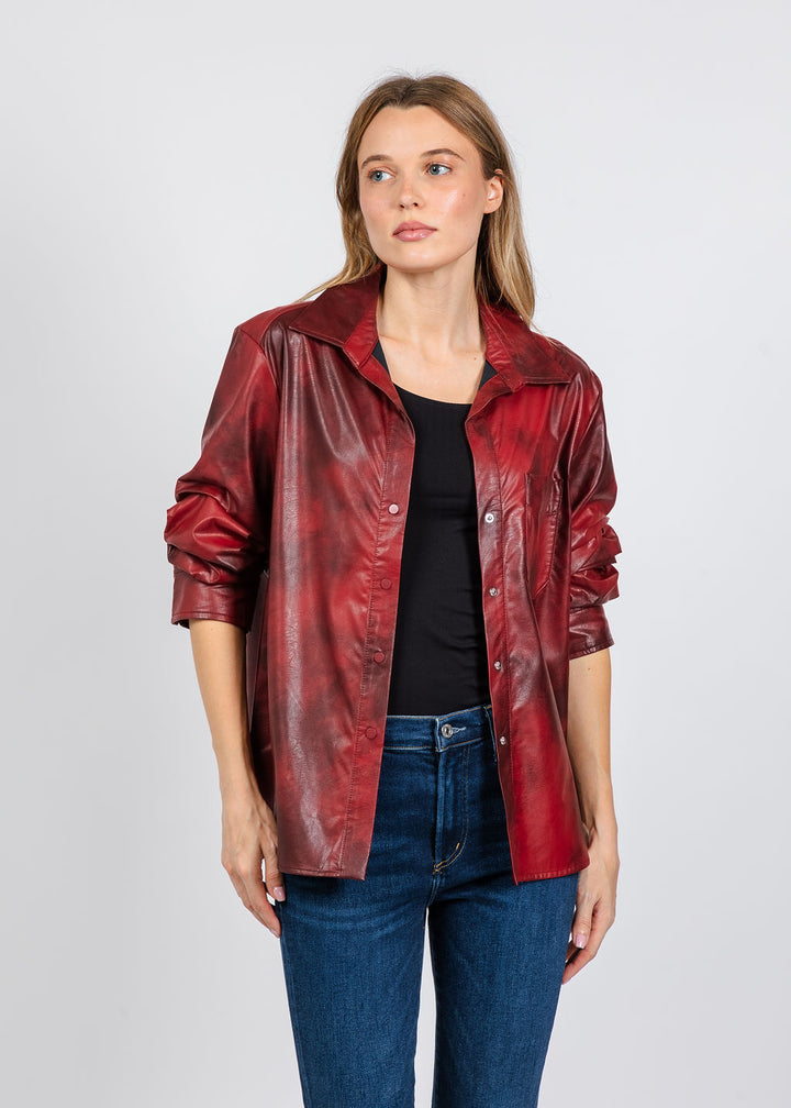 Elliott Lauren Distressed Faux Leather Shirt in Pomegranate available at Barbara Katz