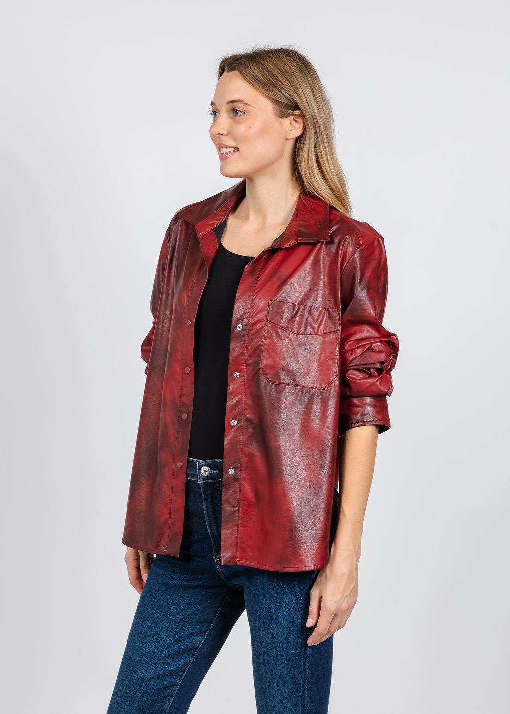 Elliott Lauren Distressed Faux Leather Shirt in Pomegranate available at Barbara Katz