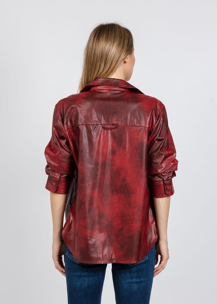 Elliott Lauren Distressed Faux Leather Shirt in Pomegranate available at Barbara Katz