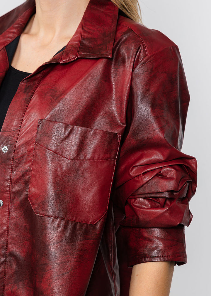 Elliott Lauren Distressed Faux Leather Shirt in Pomegranate available at Barbara Katz