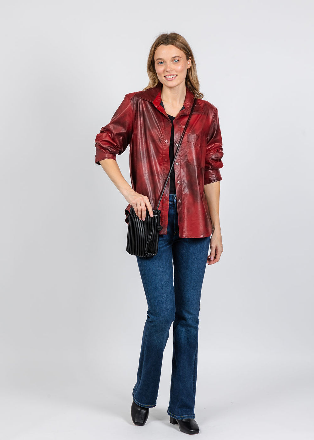Elliott Lauren Distressed Faux Leather Shirt in Pomegranate available at Barbara Katz