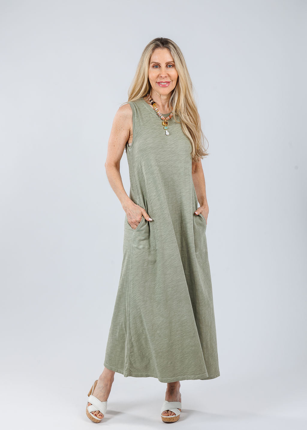 Elliott Lauren Donna Sleeveless Maxi Dress With Pocket in Thyme available at Barbara Katz