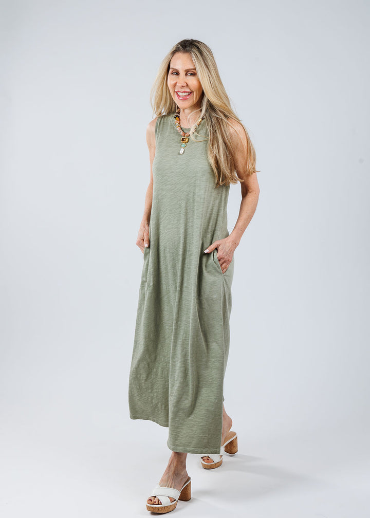 Elliott Lauren Donna Sleeveless Maxi Dress With Pocket in Thyme available at Barbara Katz