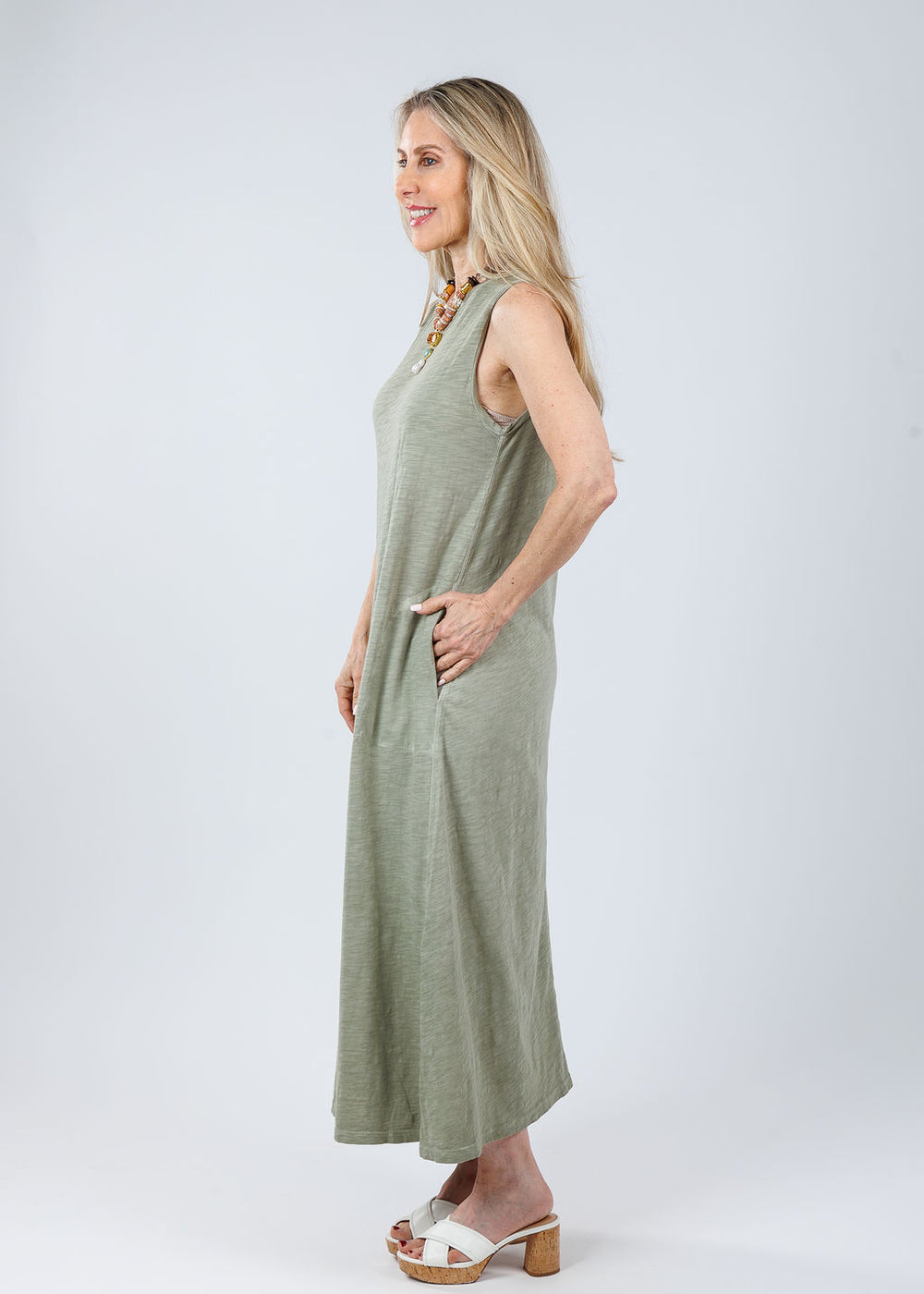 Elliott Lauren Donna Sleeveless Maxi Dress With Pocket in Thyme available at Barbara Katz