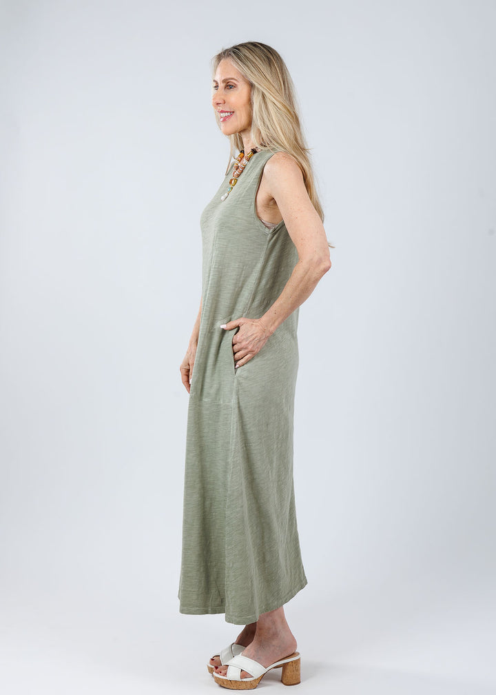 Elliott Lauren Donna Sleeveless Maxi Dress With Pocket in Thyme available at Barbara Katz