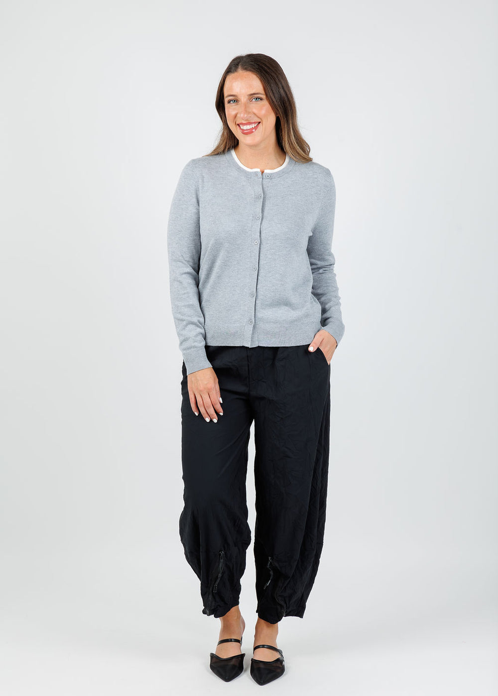 Elliott Lauren Double Layer Cardigan in Heather Grey available at Barbara Katz