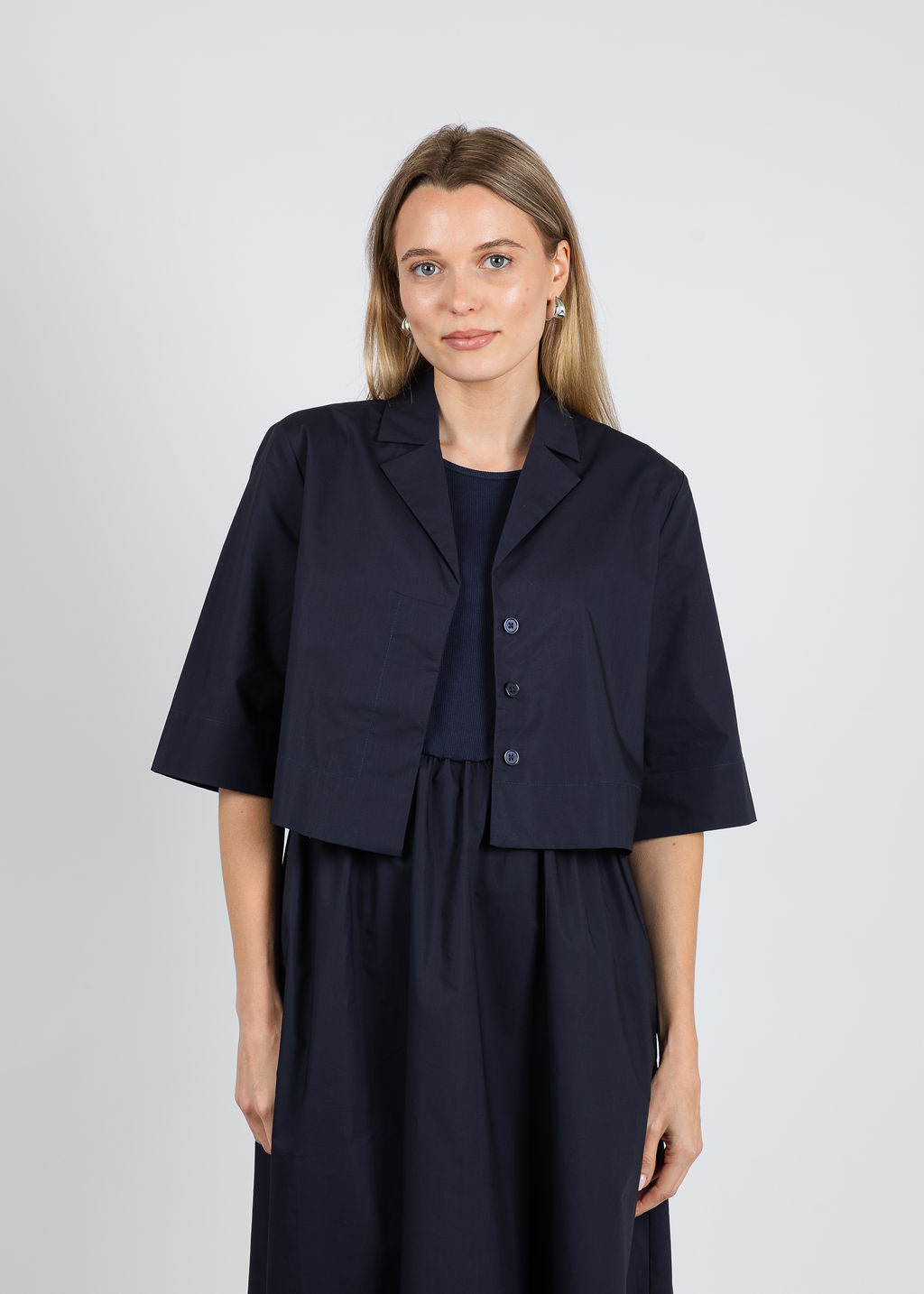 Elliott Lauren Double Up Button Front Crop Jacket in Navy available at Barbara Katz