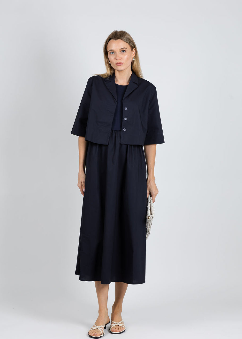 Elliott Lauren Rib Knit Woven Combo Dress in Navy layered with matching Elliott Lauren Double Up Button Front Crop Jacket available at Barbara Katz