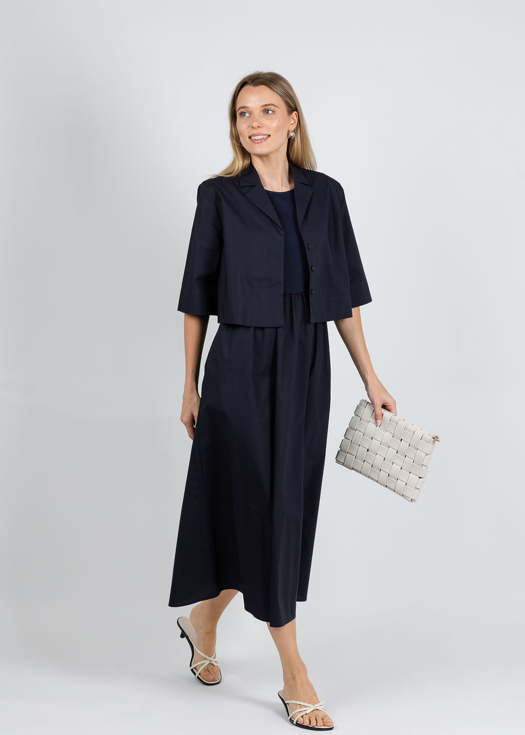 Elliott Lauren Rib Knit Woven Combo Dress in Navy layered with matching Elliott Lauren Double Up Button Front Crop Jacket available at Barbara Katz