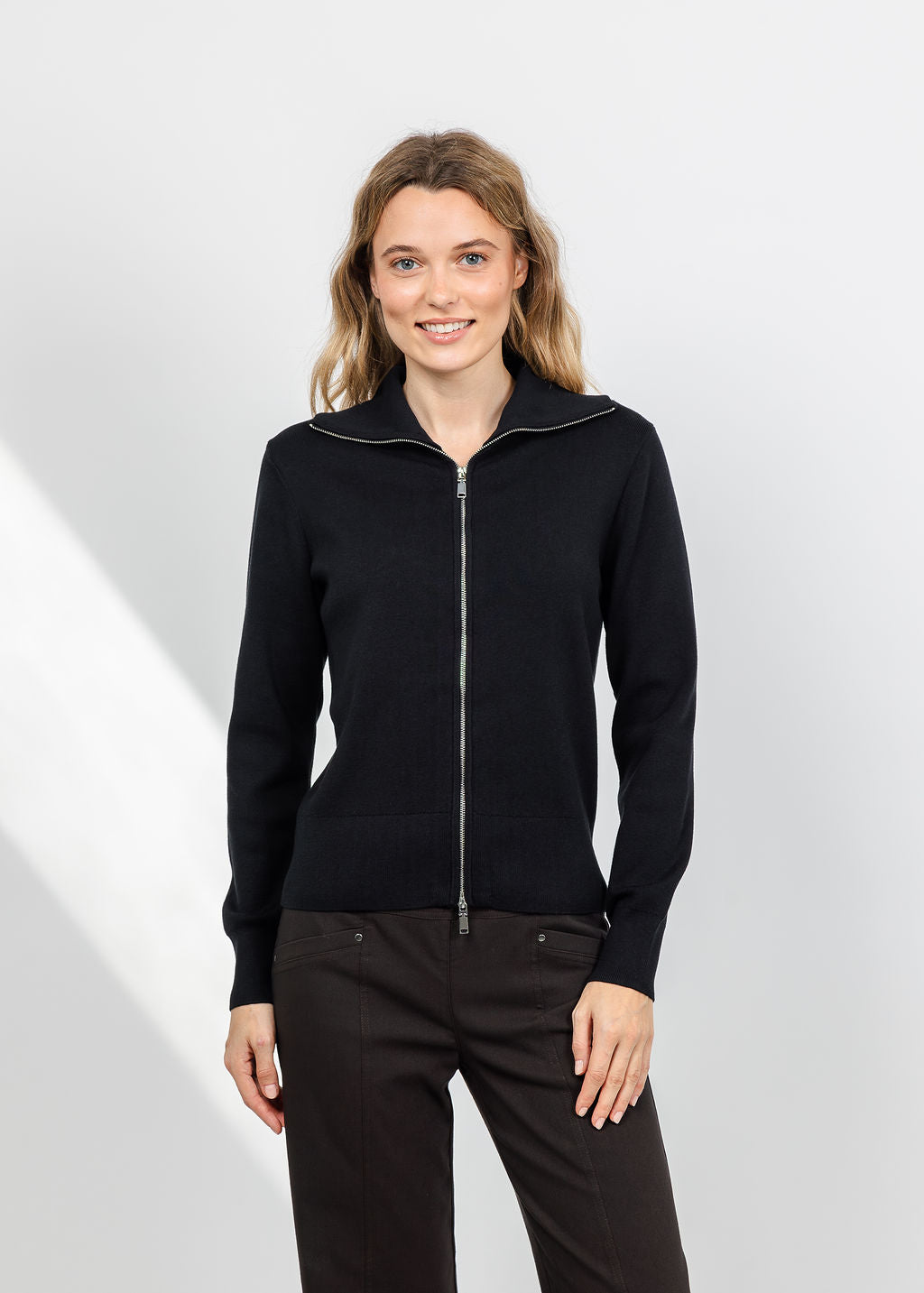 Elliott Lauren Double Zip Modal Knit Sweater in Black available at Barbara Katz