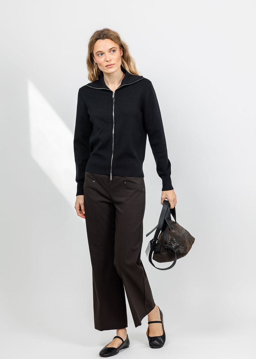 Elliott Lauren Double Zip Modal Knit Sweater in Black available at Barbara Katz