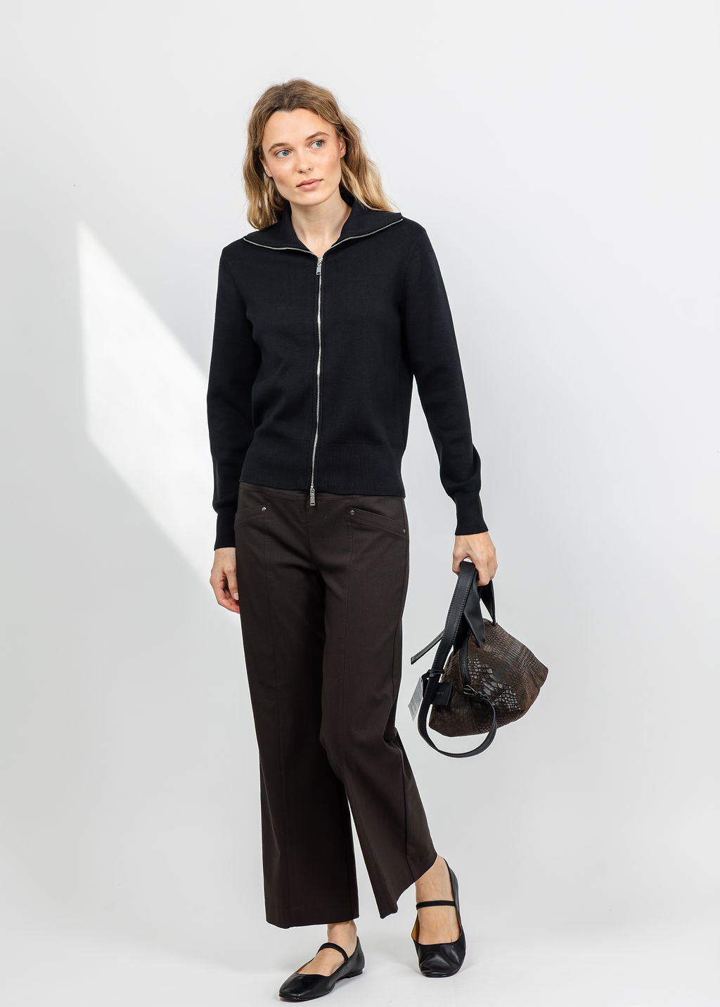 Elliott Lauren Double Zip Modal Knit Sweater in Black available at Barbara Katz
