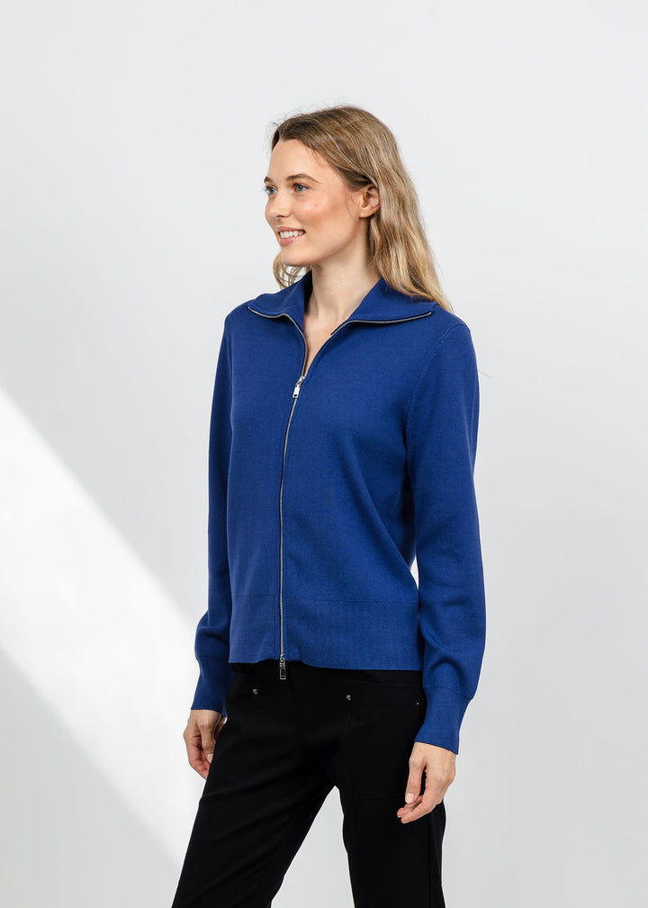 Elliott Lauren Double Zip Modal Knit Sweater in Blueberry available at Barbara Katz