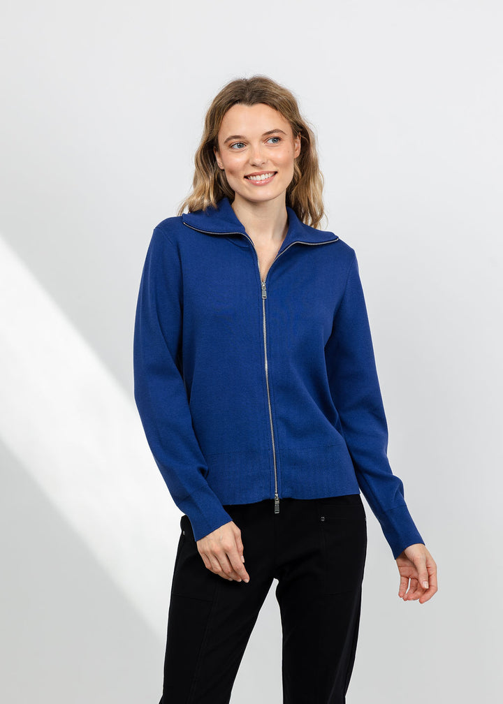 Elliott Lauren Double Zip Modal Knit Sweater in Blueberry available at Barbara Katz