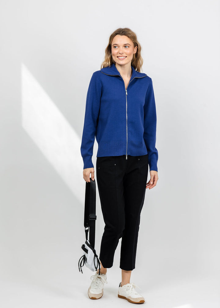 Elliott Lauren Double Zip Modal Knit Sweater in Blueberry available at Barbara Katz