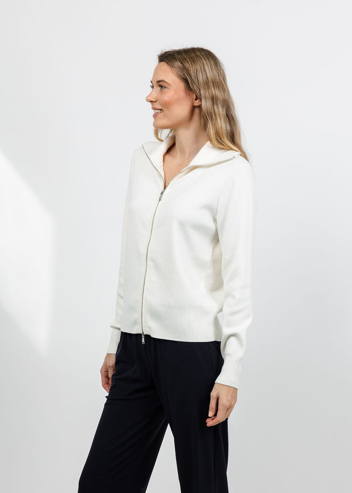 Elliott Lauren Double Zip Modal Knit Sweater in Cream available at Barbara Katz