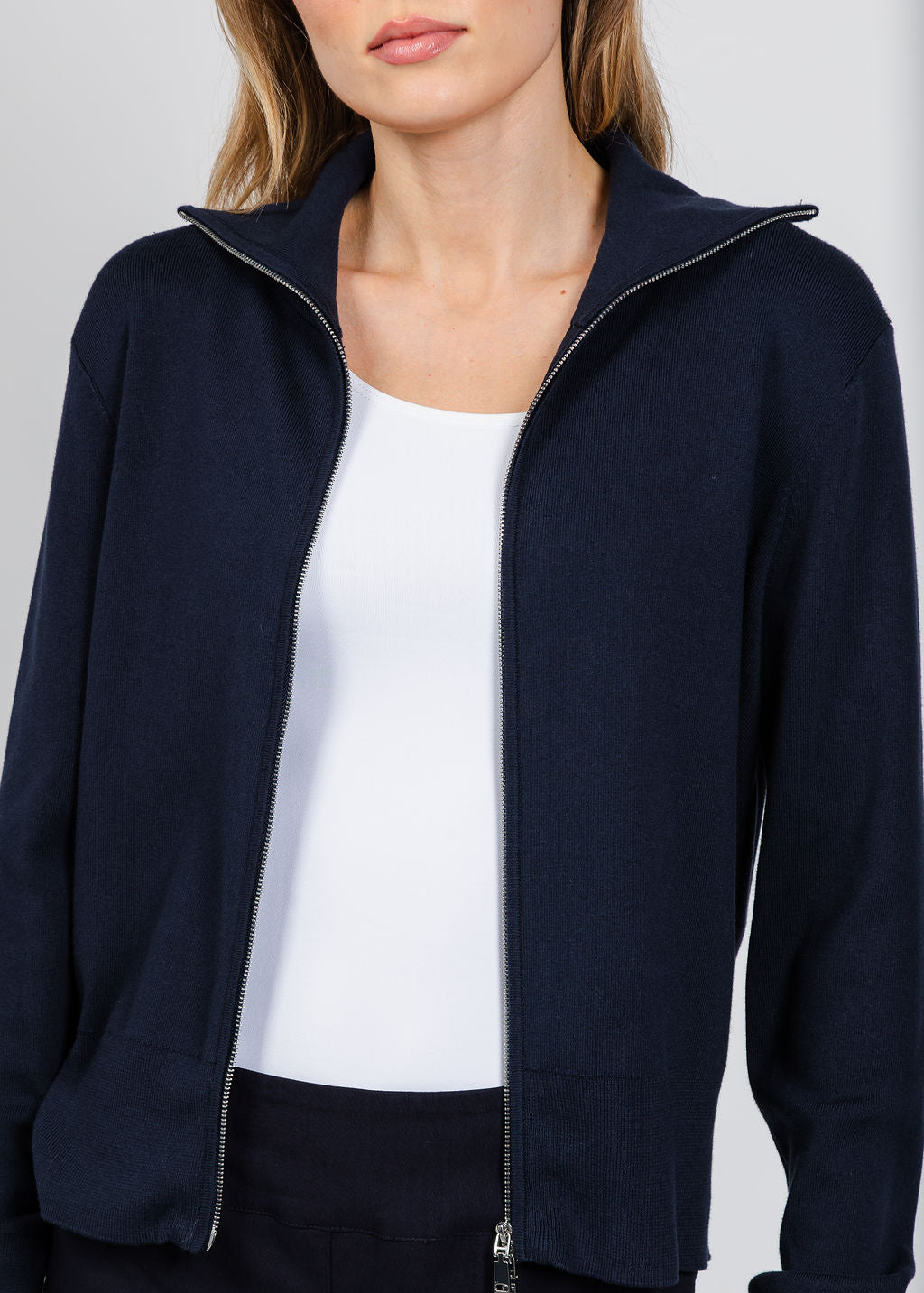 Elliott Lauren Double Zip Modal Knit Sweater in Navy available at Barbara Katz