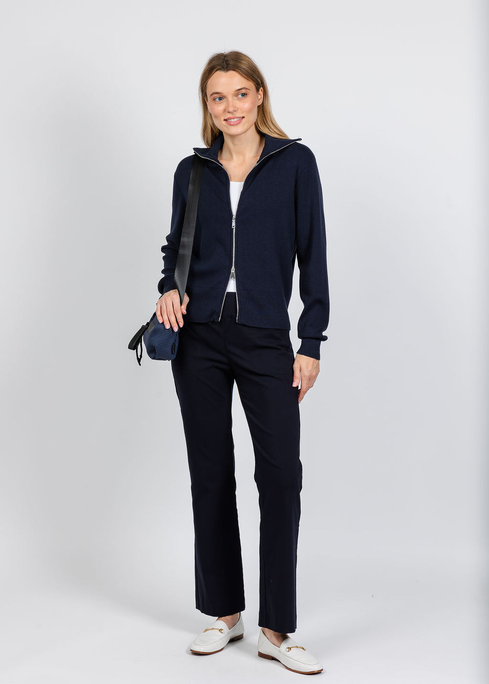 Elliott Lauren Double Zip Modal Knit Sweater in Navy available at Barbara Katz