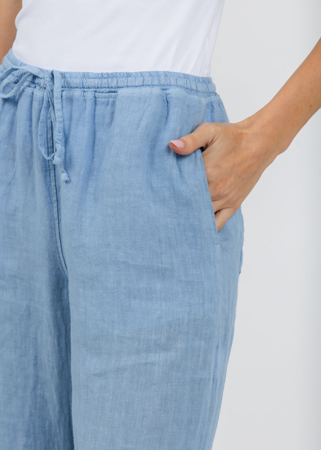 Elliott Lauren Drawstring Pull-On Crop Linen Pants in Amalfi Blue available at Barbara Katz
