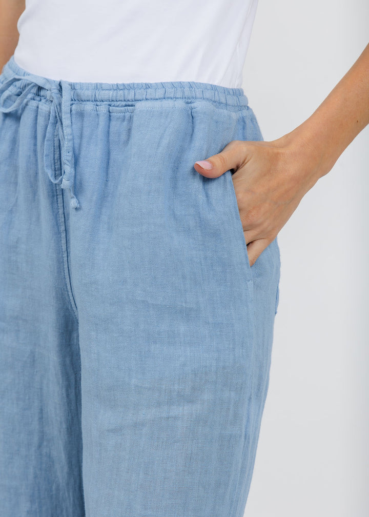 Elliott Lauren Drawstring Pull-On Crop Linen Pants in Amalfi Blue available at Barbara Katz