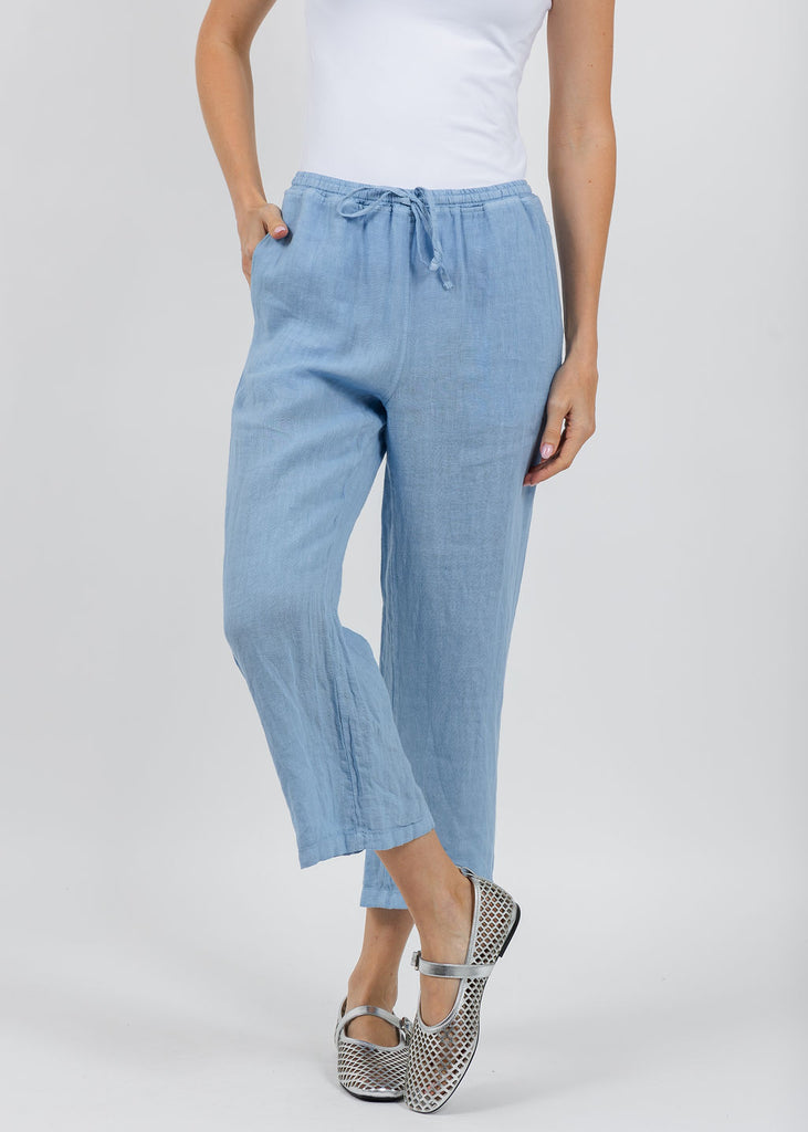 Elliott Lauren Drawstring Pull-On Crop Linen Pants - Amalfi Blue