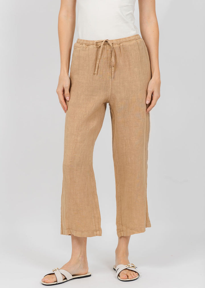 Elliott Lauren Drawstring Pull-On Crop Linen Pants in Macchiato available at Barbara Katz