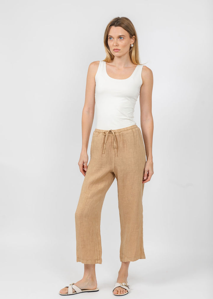 Elliott Lauren Drawstring Pull-On Crop Linen Pants in Macchiato available at Barbara Katz
