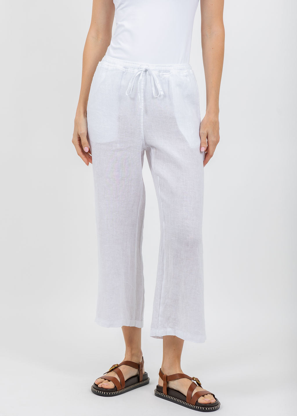 Elliott Lauren Drawstring Pull-On Crop Linen Pants in White available at Barbara Katz