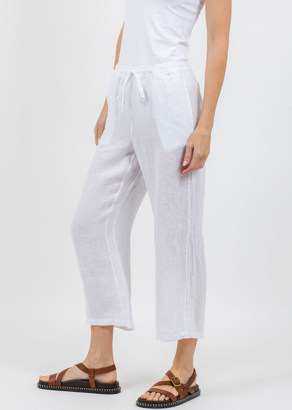 Elliott Lauren Drawstring Pull-On Crop Linen Pants in White available at Barbara Katz
