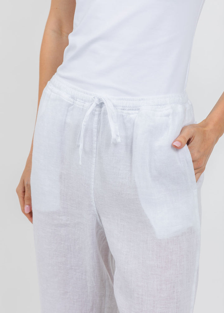 Elliott Lauren Drawstring Pull-On Crop Linen Pants in White available at Barbara Katz