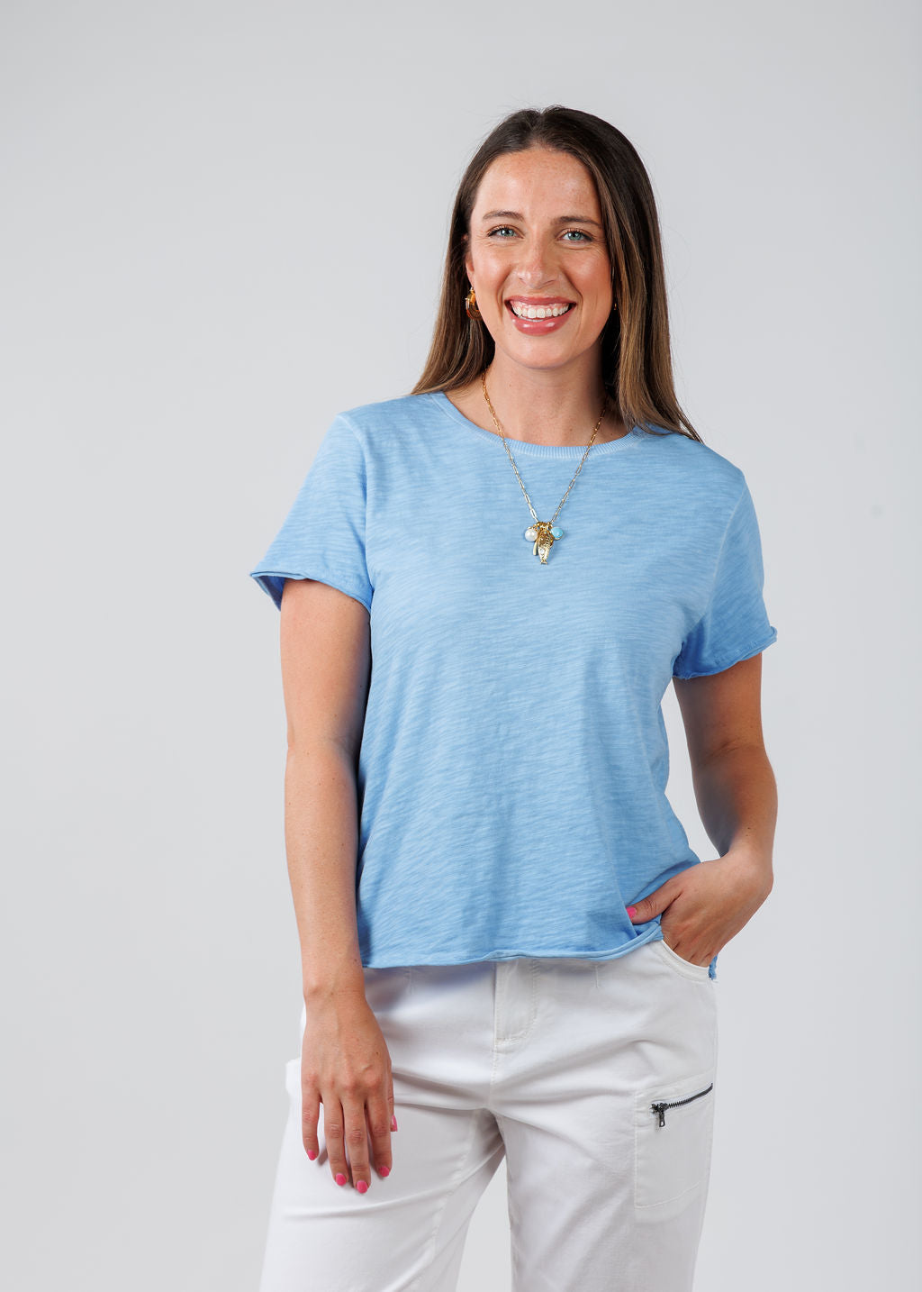 Elliott Lauren Drew Crew Boxy Tee in Denim Blue available at Barbara Katz