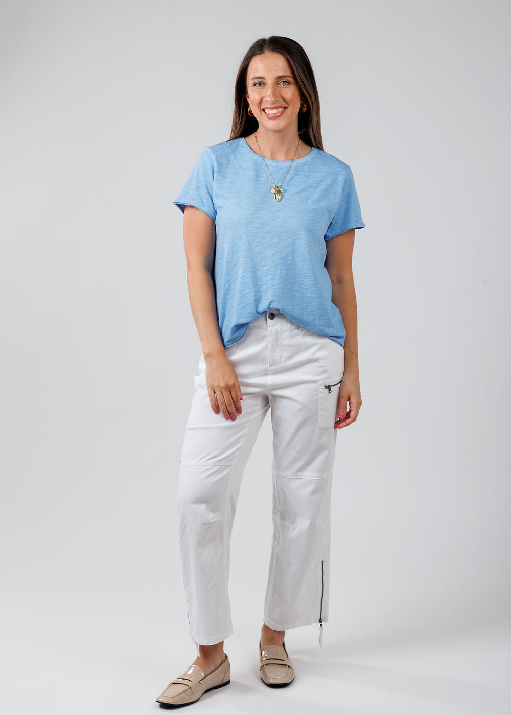 Elliott Lauren Drew Crew Boxy Tee in Denim paired with Marrakech Cyprus Pants in White available at Barbara Katz