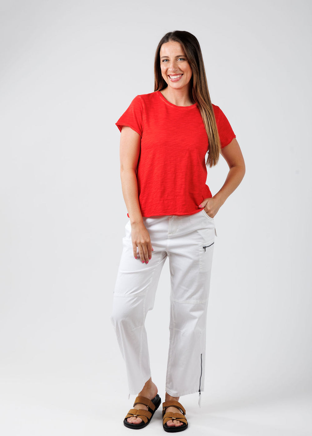Elliott Lauren Drew Crew Boxy Tee in Poppy Red paired with Marrakech Cyprus Pants in White available at Barbara Katz