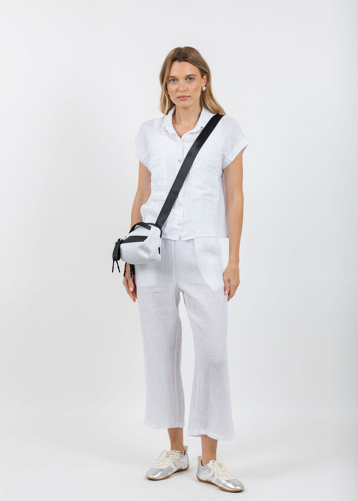 Elliott Lauren Effie Short Sleeve Linen Shirt in White paired with matching Drawstring Pull-On Crop Linen Pants available at Barbara Katz
