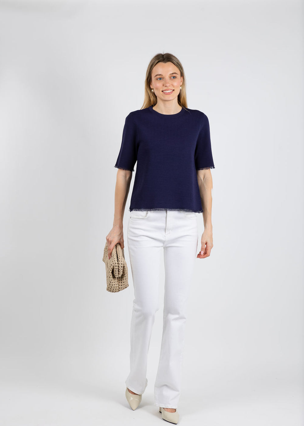 Elliott Lauren Elbow Sleeve Fringe Sweater in Navy available at Barbara Katz