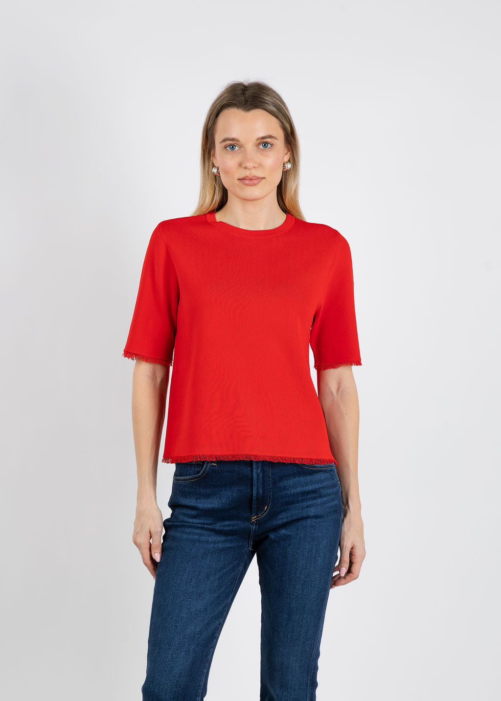 Elliott Lauren Elbow Sleeve Fringe Sweater in Tomato Red available at Barbara Katz