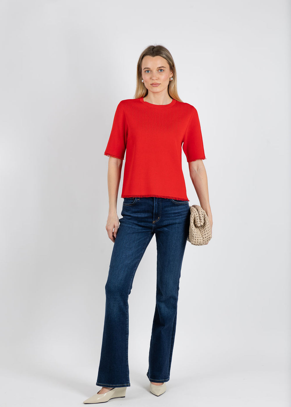 Elliott Lauren Elbow Sleeve Fringe Sweater in Tomato available at Barbara Katz