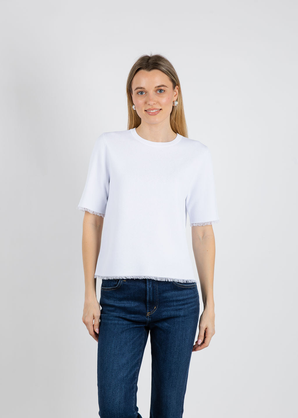 Elliott Lauren Elbow Sleeve Fringe Sweater in White available at Barbara Katz