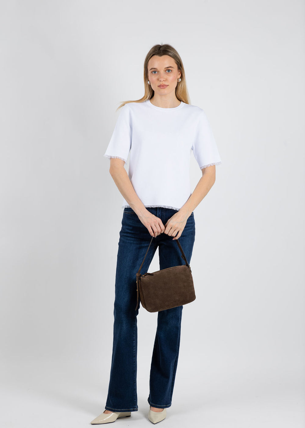 Elliott Lauren Elbow Sleeve Fringe Sweater in White available at Barbara Katz