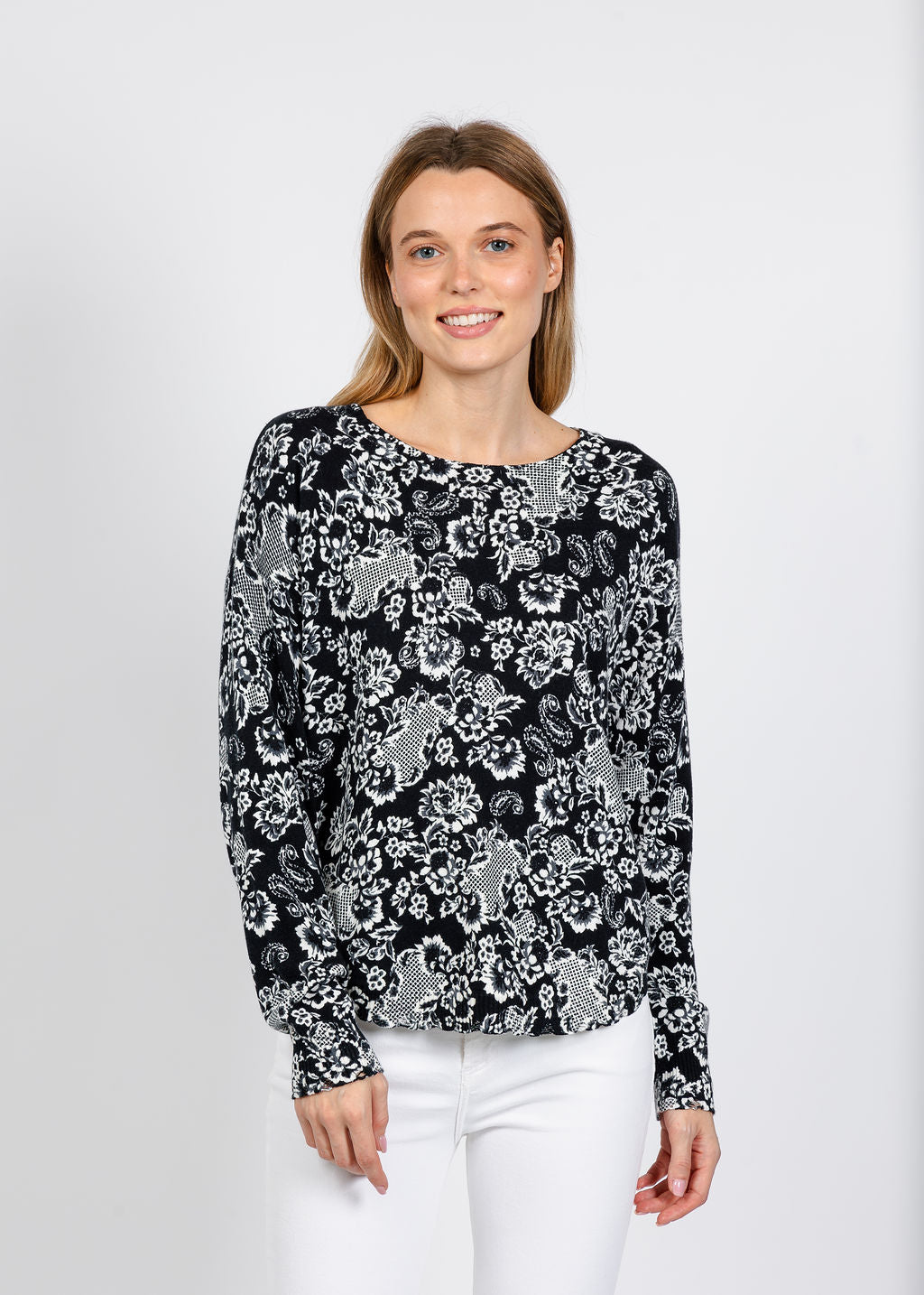 Elliott Lauren Floralis Printed Sweater in Black/White available at Barbara Katz