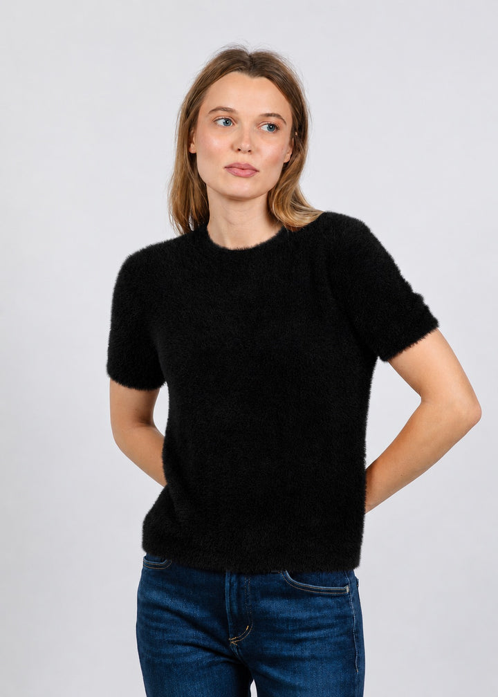 Elliott Lauren Fuzzy Short Sleeve Crew Sweater in Black available at Barbara Katz